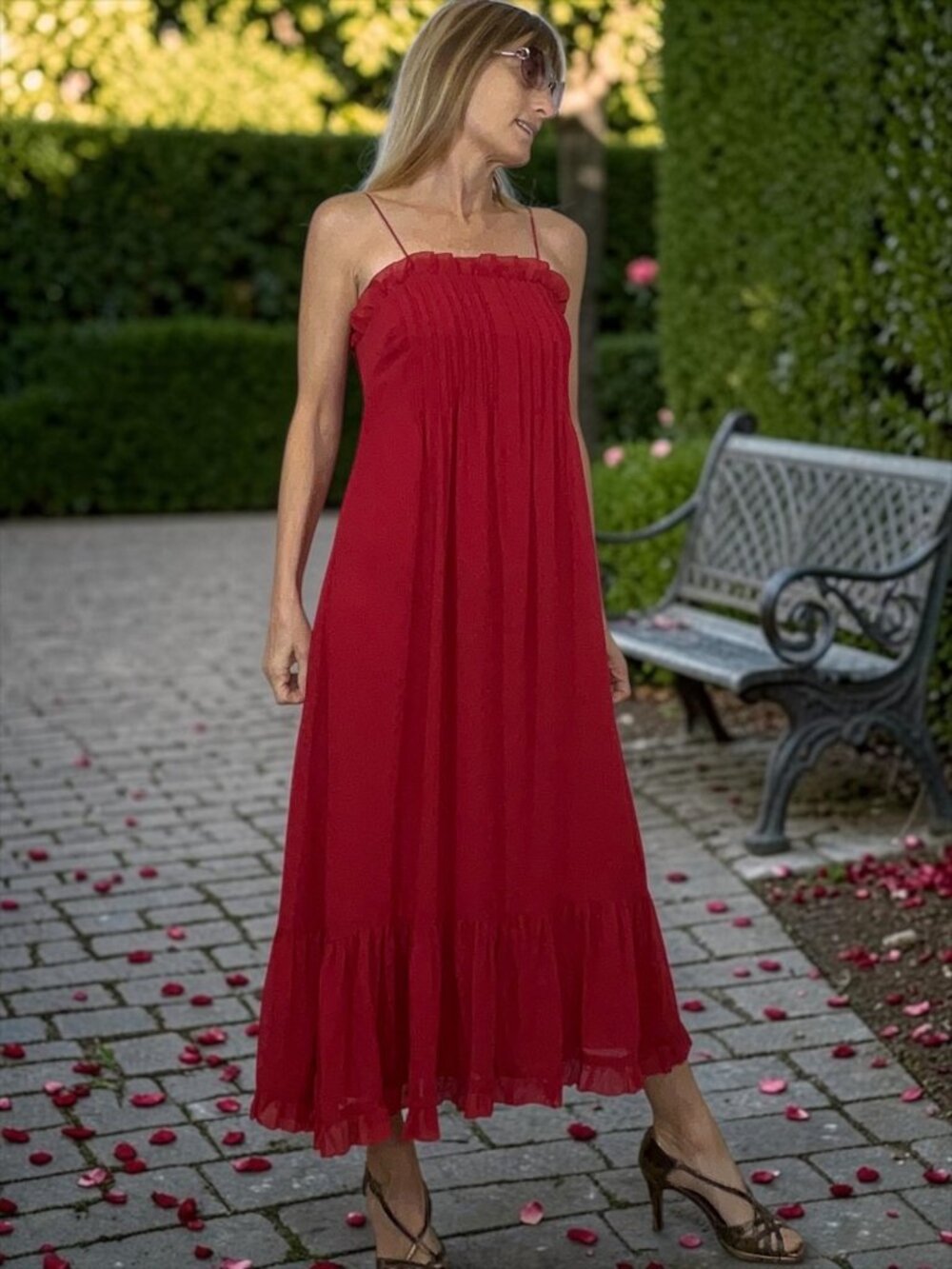 Madewell Pintuck Cami Midi Slip Dress 0 Red Ruffle Trim